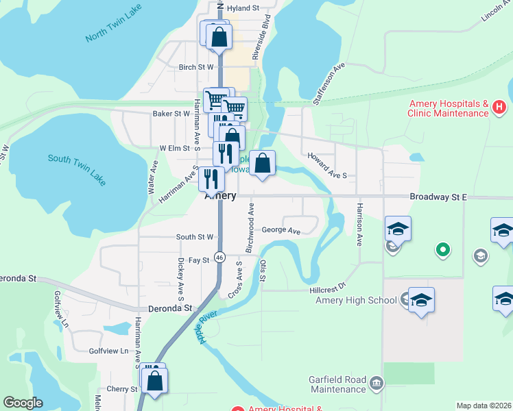 map of restaurants, bars, coffee shops, grocery stores, and more near 421 Birchwood Avenue in Amery