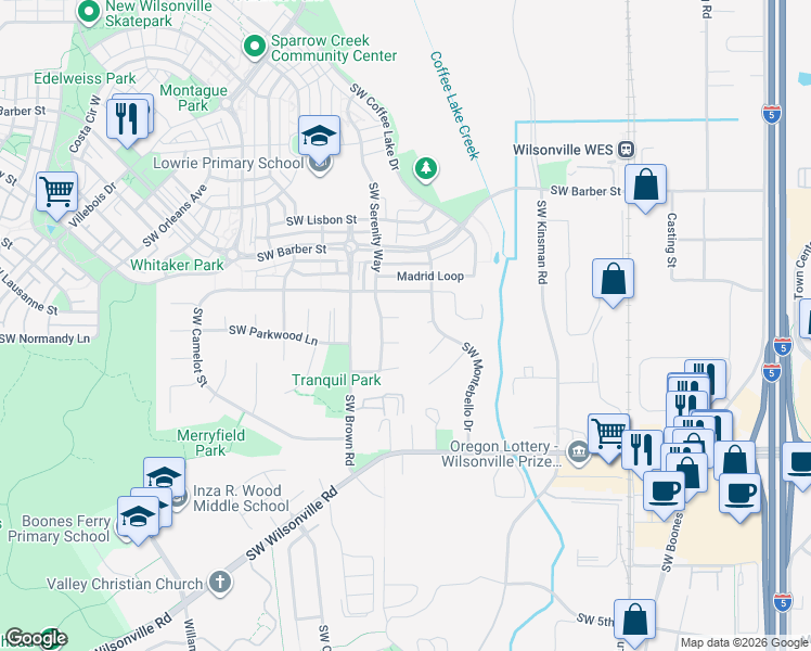 map of restaurants, bars, coffee shops, grocery stores, and more near 10410 Southwest Serene Place in Wilsonville
