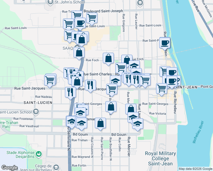 map of restaurants, bars, coffee shops, grocery stores, and more near 285 Rue Saint-Jacques in Saint-Jean-sur-Richelieu