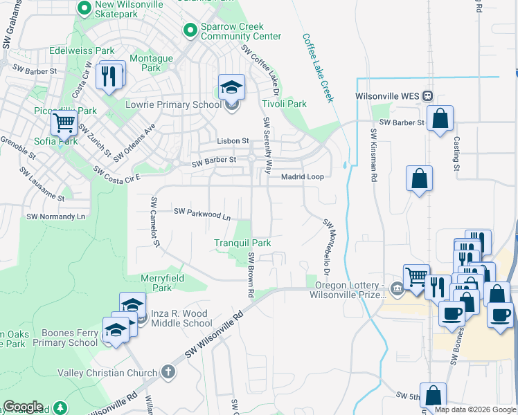 map of restaurants, bars, coffee shops, grocery stores, and more near 29585 Southwest Serenity Way in Wilsonville