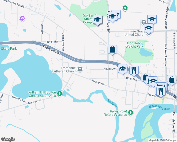 map of restaurants, bars, coffee shops, grocery stores, and more near 421 Rush Avenue Northwest in Elk River