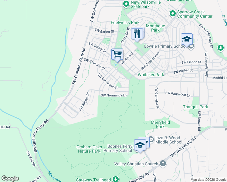map of restaurants, bars, coffee shops, grocery stores, and more near 29507 Southwest Venezia Lane in Wilsonville