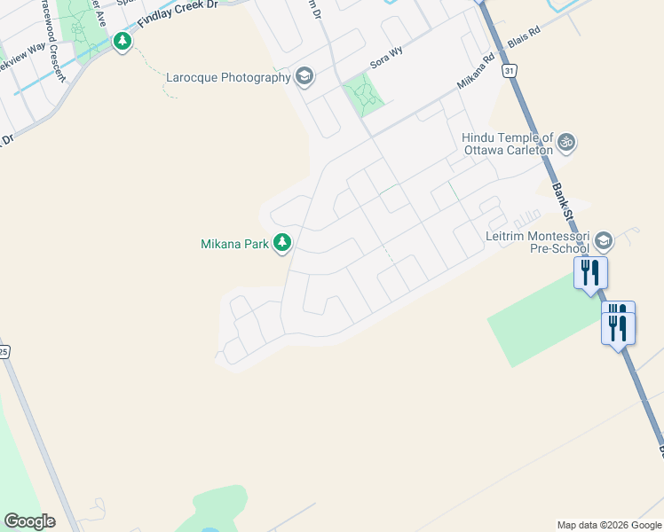 map of restaurants, bars, coffee shops, grocery stores, and more near 32 Dun Skipper Drive in Ottawa