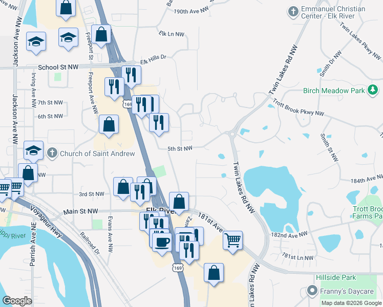 map of restaurants, bars, coffee shops, grocery stores, and more near 391 Line Avenue Northwest in Elk River