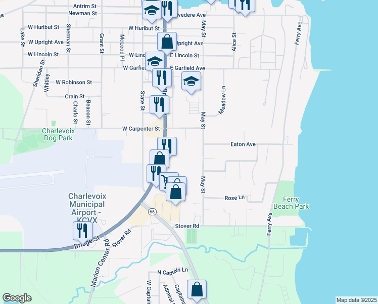 map of restaurants, bars, coffee shops, grocery stores, and more near 1003 May Street in Charlevoix