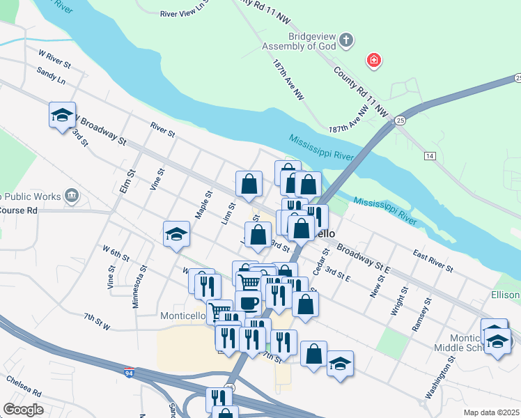 map of restaurants, bars, coffee shops, grocery stores, and more near 230 West Broadway Street in Monticello
