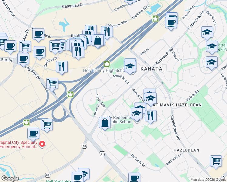 map of restaurants, bars, coffee shops, grocery stores, and more near 58 Robarts Crescent in Ottawa