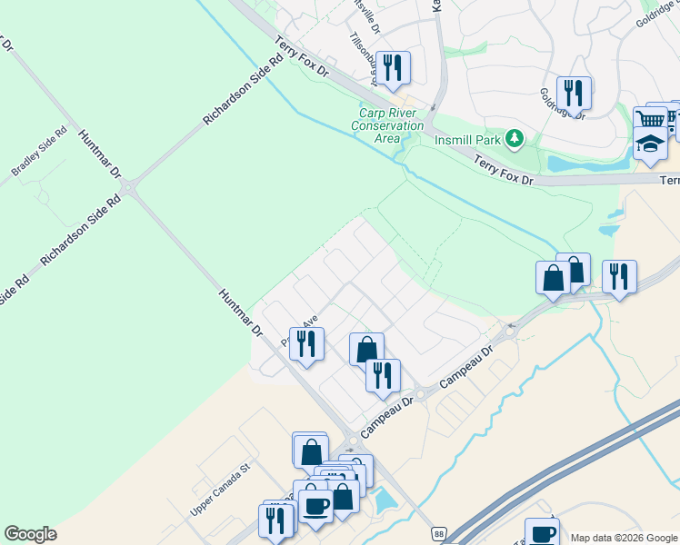 map of restaurants, bars, coffee shops, grocery stores, and more near 10 Eramosa Crescent in Ottawa
