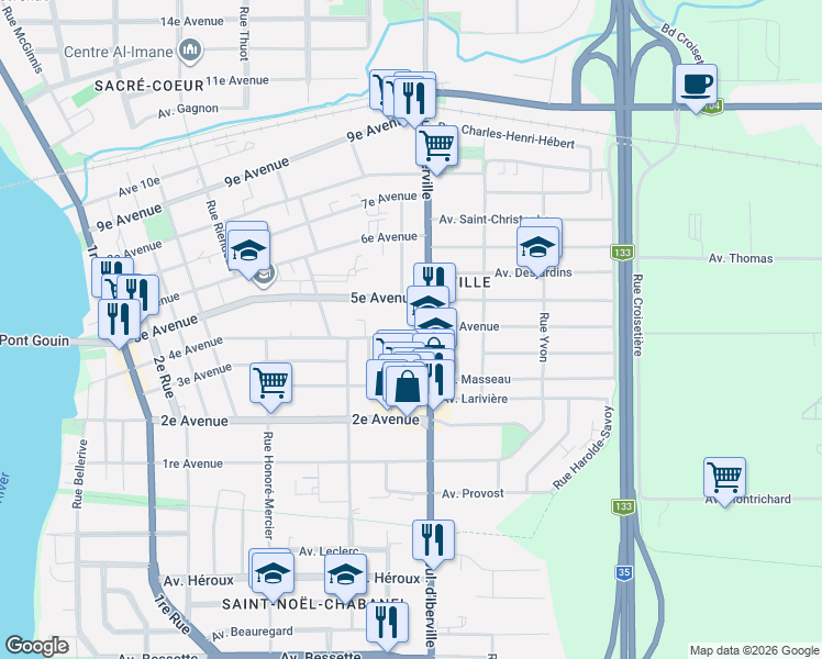 map of restaurants, bars, coffee shops, grocery stores, and more near 428 4e Avenue in Saint-Jean-sur-Richelieu