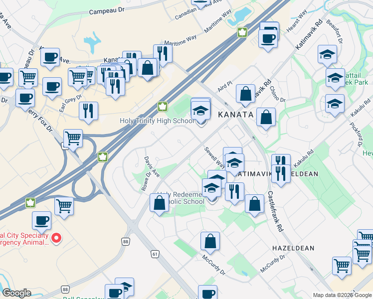 map of restaurants, bars, coffee shops, grocery stores, and more near 25 Robarts Crescent in Ottawa