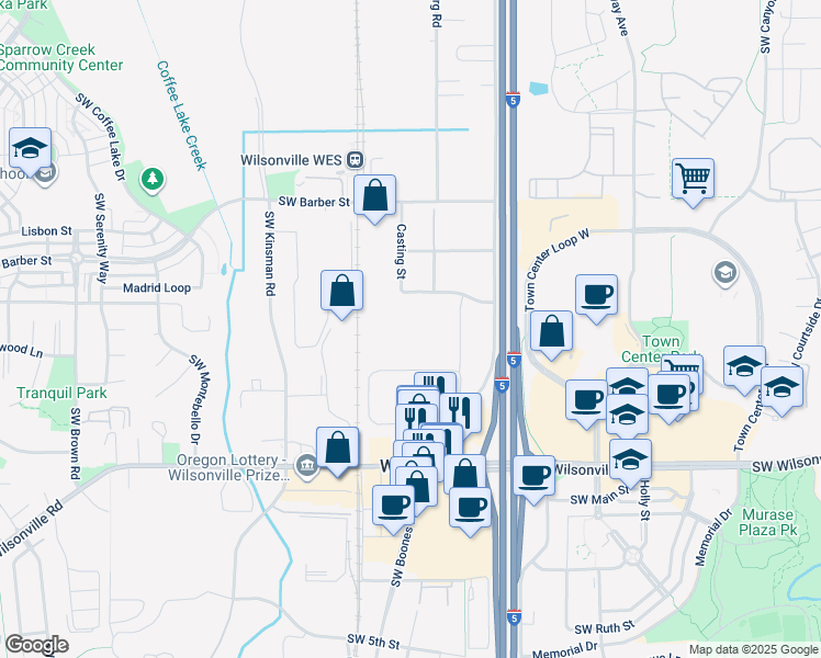 map of restaurants, bars, coffee shops, grocery stores, and more near 29899 Southwest Boones Ferry Road in Wilsonville