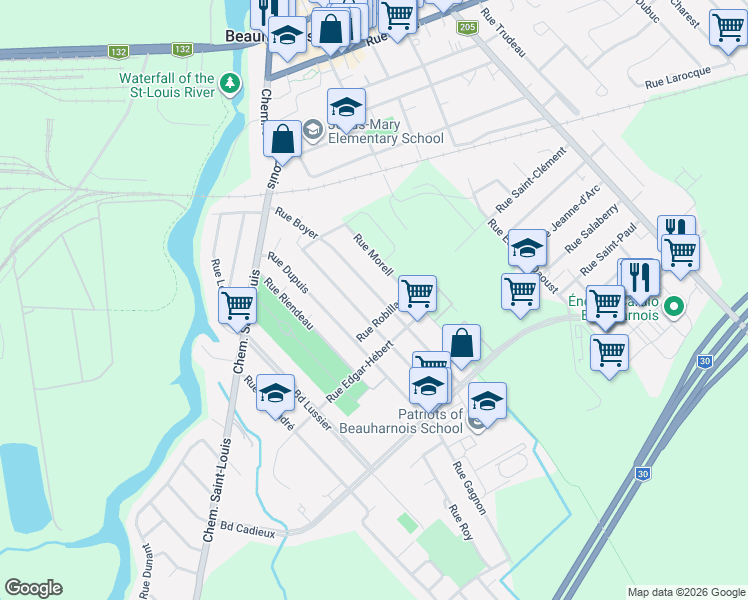 map of restaurants, bars, coffee shops, grocery stores, and more near 83 Rue Boyer in Beauharnois