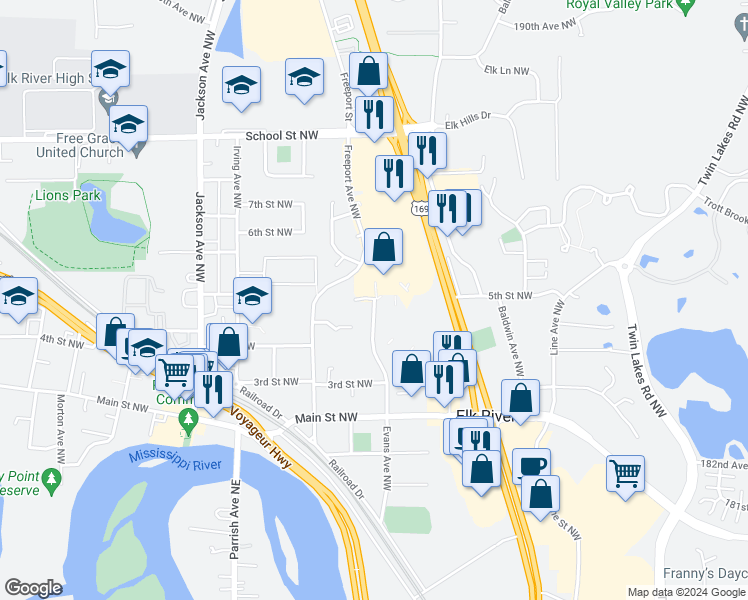 map of restaurants, bars, coffee shops, grocery stores, and more near 499 Evans Avenue Northwest in Elk River