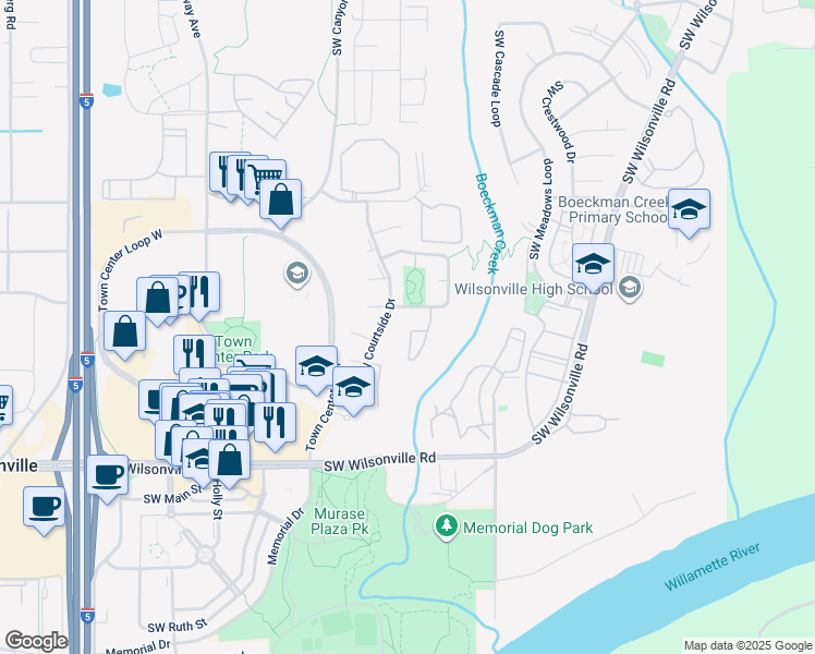 map of restaurants, bars, coffee shops, grocery stores, and more near 29480 Southwest Volley Street in Wilsonville