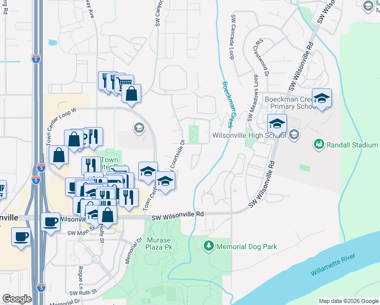 map of restaurants, bars, coffee shops, grocery stores, and more near 29480 Southwest Volley Street in Wilsonville