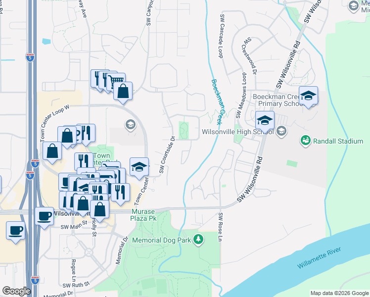 map of restaurants, bars, coffee shops, grocery stores, and more near 7603 Southwest Wimbledon Circle North in Wilsonville
