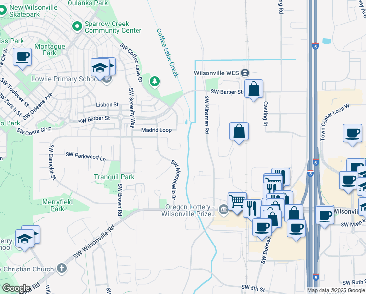 map of restaurants, bars, coffee shops, grocery stores, and more near 10214 Southwest Madrid Loop in Wilsonville