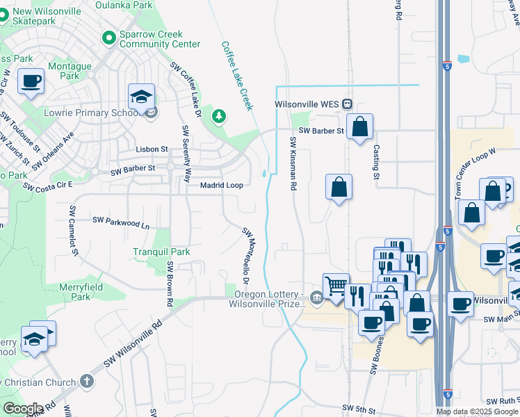 map of restaurants, bars, coffee shops, grocery stores, and more near 10214 Southwest Madrid Loop in Wilsonville