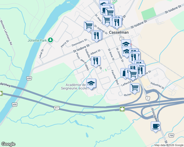 map of restaurants, bars, coffee shops, grocery stores, and more near 662 Des Erables Promenade in Casselman