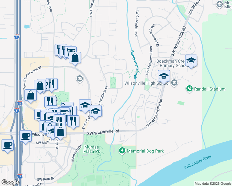 map of restaurants, bars, coffee shops, grocery stores, and more near 7603 Southwest Wimbledon Circle North in Wilsonville