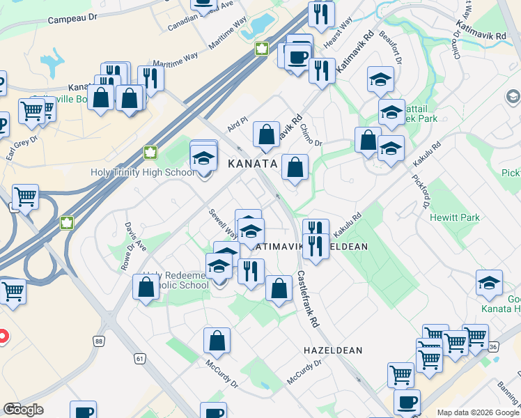 map of restaurants, bars, coffee shops, grocery stores, and more near 102 Fenerty Court in Ottawa