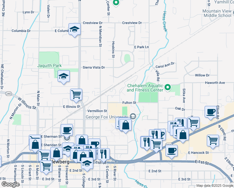 map of restaurants, bars, coffee shops, grocery stores, and more near 1015 East Cherry Street in Newberg