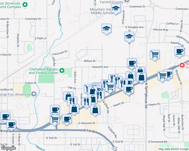 map of restaurants, bars, coffee shops, grocery stores, and more near 2317 East Jodi Court in Newberg