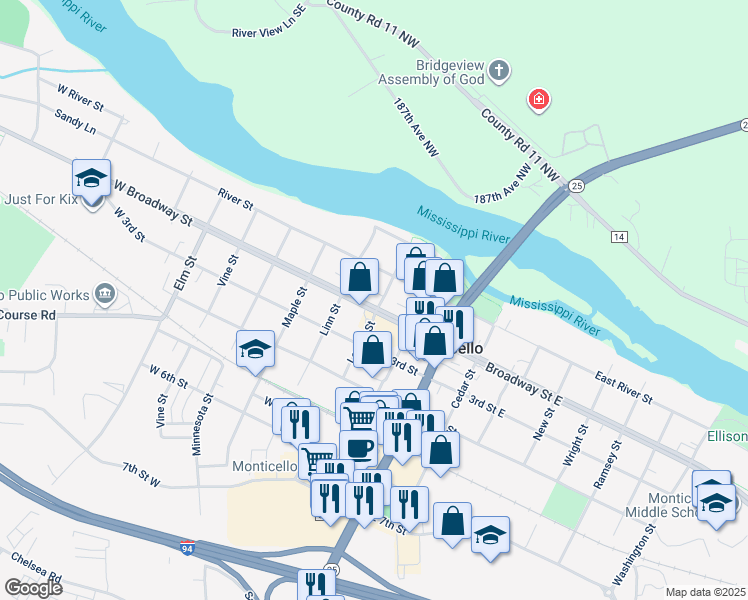 map of restaurants, bars, coffee shops, grocery stores, and more near 313 West Broadway Street in Monticello