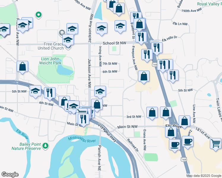 map of restaurants, bars, coffee shops, grocery stores, and more near 544 5th Street Northwest in Elk River