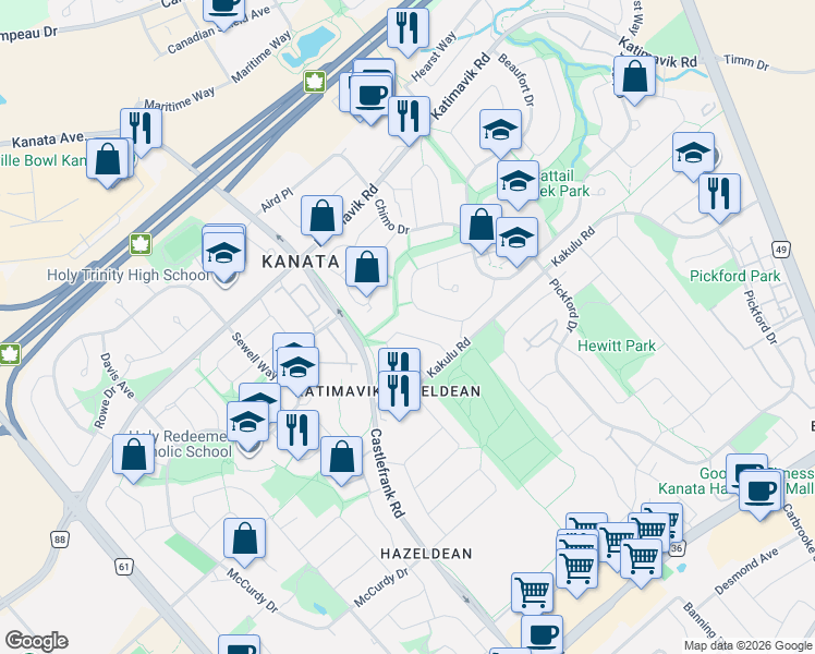 map of restaurants, bars, coffee shops, grocery stores, and more near 26 Bernier Terrace in Ottawa
