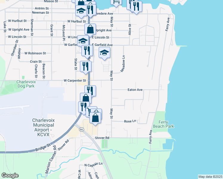 map of restaurants, bars, coffee shops, grocery stores, and more near 999 May Street in Charlevoix