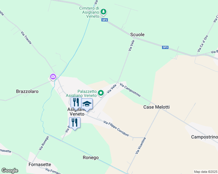 map of restaurants, bars, coffee shops, grocery stores, and more near 29 Via Vela in Asigliano Veneto