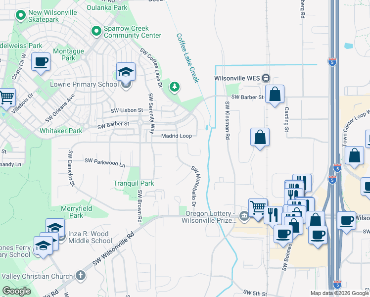 map of restaurants, bars, coffee shops, grocery stores, and more near 10282 Madrid Loop in Wilsonville