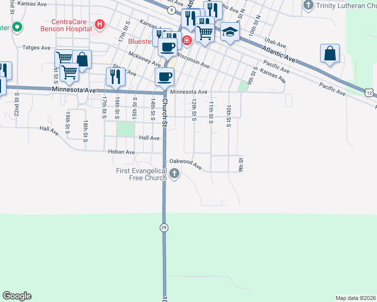 map of restaurants, bars, coffee shops, grocery stores, and more near 728 12th Street South in Benson