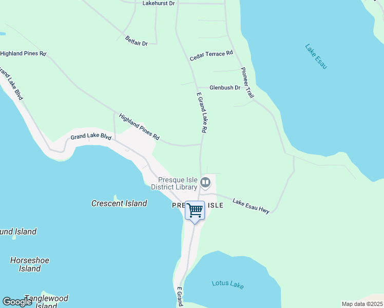 map of restaurants, bars, coffee shops, grocery stores, and more near 7750 East Grand Lake Road in Presque Isle