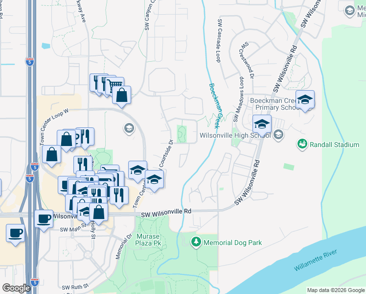 map of restaurants, bars, coffee shops, grocery stores, and more near 7603 Southwest Wimbledon Circle North in Wilsonville