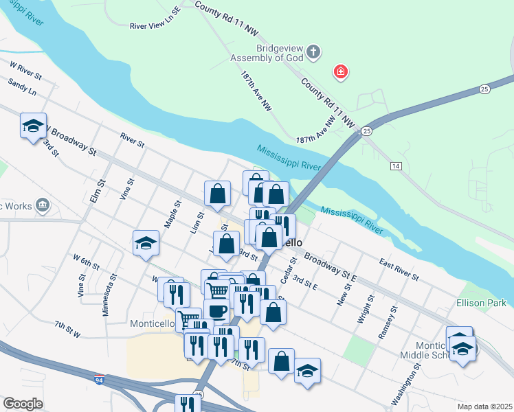 map of restaurants, bars, coffee shops, grocery stores, and more near 200 River Street West in Monticello