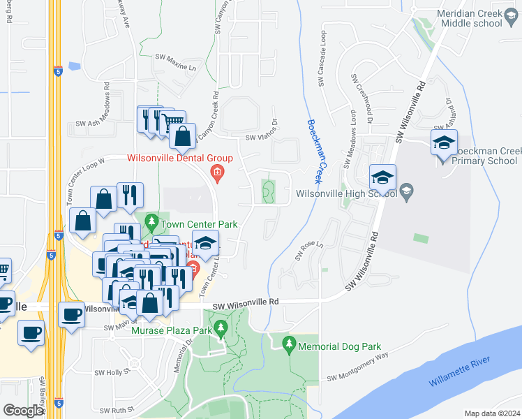 map of restaurants, bars, coffee shops, grocery stores, and more near 7736 Southwest Wimbledon Circle South in Wilsonville