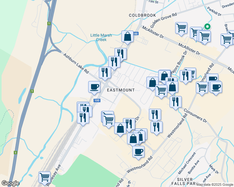 map of restaurants, bars, coffee shops, grocery stores, and more near 55 Oakland Street in Saint John