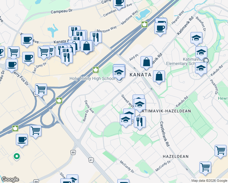 map of restaurants, bars, coffee shops, grocery stores, and more near 7 Robarts Crescent in Ottawa