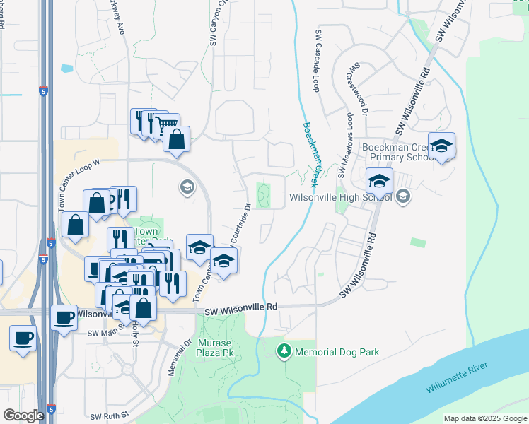 map of restaurants, bars, coffee shops, grocery stores, and more near 7603 Southwest Wimbledon Circle North in Wilsonville