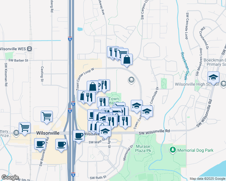 map of restaurants, bars, coffee shops, grocery stores, and more near 29290 Southwest Parkway Court in Wilsonville