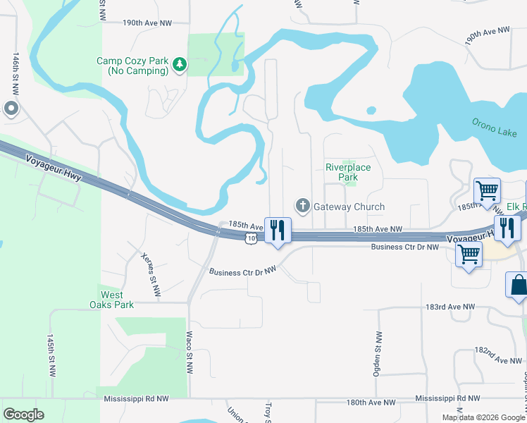 map of restaurants, bars, coffee shops, grocery stores, and more near 18554 Troy Street Northwest in Elk River