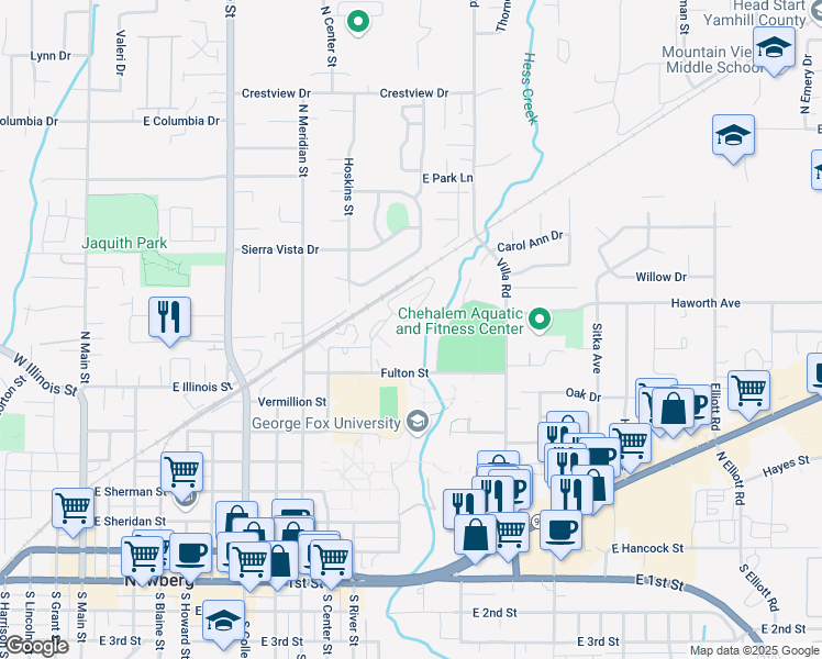 map of restaurants, bars, coffee shops, grocery stores, and more near 1301 Fulton Street in Newberg