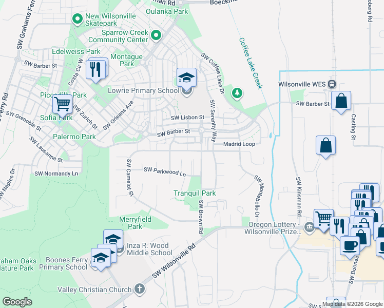 map of restaurants, bars, coffee shops, grocery stores, and more near 29385 Southwest Teton Way in Wilsonville
