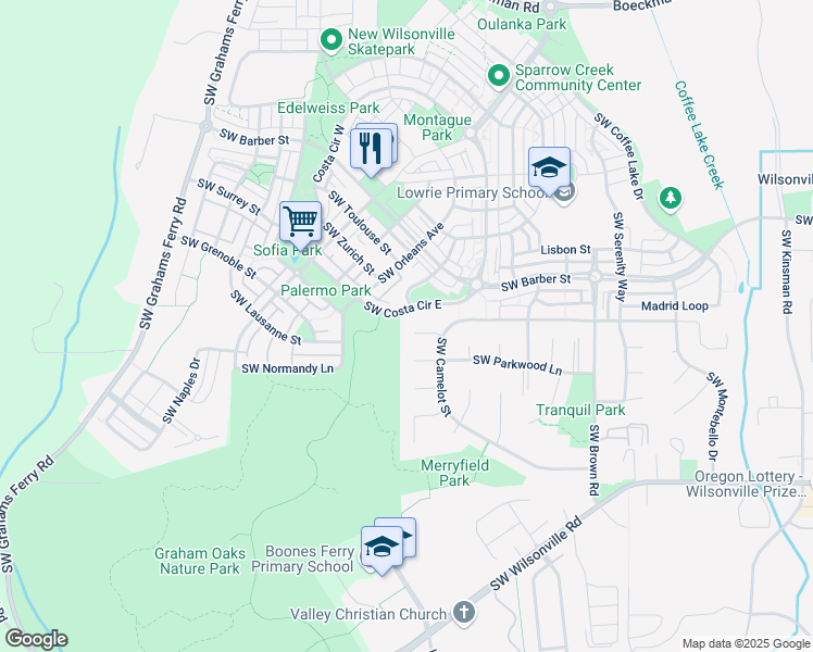 map of restaurants, bars, coffee shops, grocery stores, and more near 28652 Southwest Costa Circle East in Wilsonville