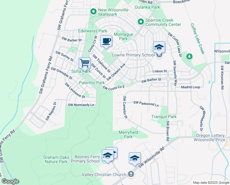 map of restaurants, bars, coffee shops, grocery stores, and more near 28652 Southwest Costa Circle East in Wilsonville