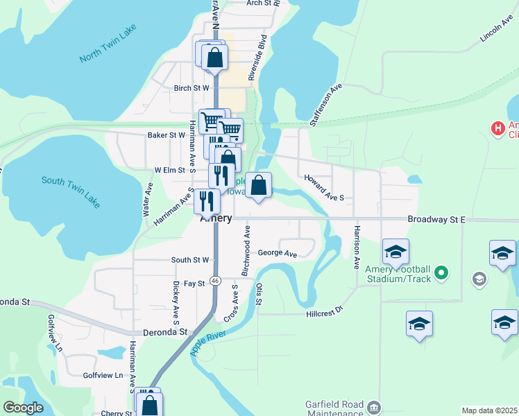 map of restaurants, bars, coffee shops, grocery stores, and more near 217 Broadway Street East in Amery