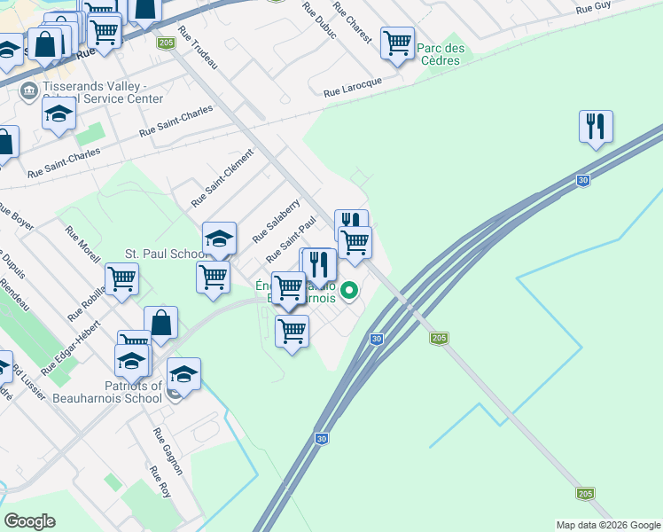map of restaurants, bars, coffee shops, grocery stores, and more near 501 Boulevard Cadieux in Beauharnois