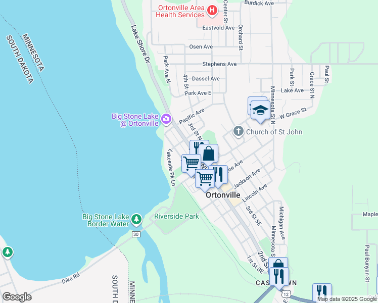map of restaurants, bars, coffee shops, grocery stores, and more near 305 2nd Street Northwest in Ortonville